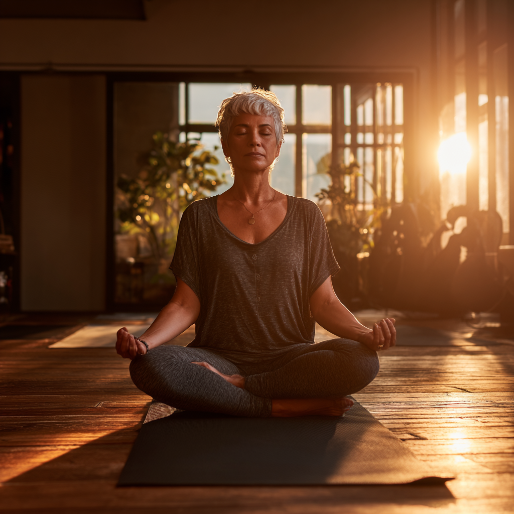 Middle-aged person practicing meditation in peaceful yoga studio environment