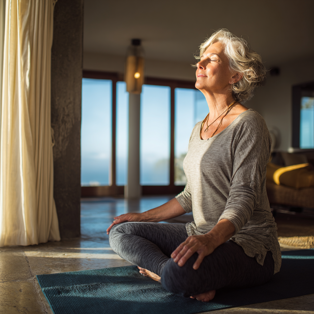 Senior adult practicing yoga in serene studio with natural lighting